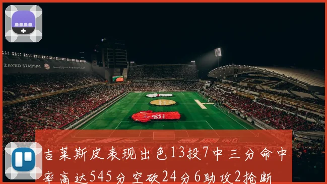吉莱斯皮表现出色13投7中三分命中率高达545分空砍24分6助攻2抢断